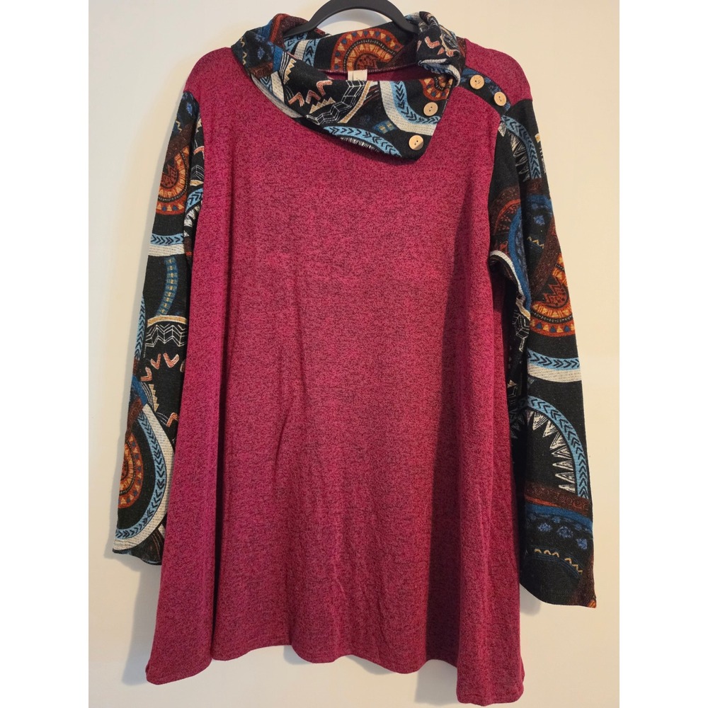 Now N Forever Tunic Top Womens 2X Magenta Rayon Blend Boho Tribal Cowl Neck L/S